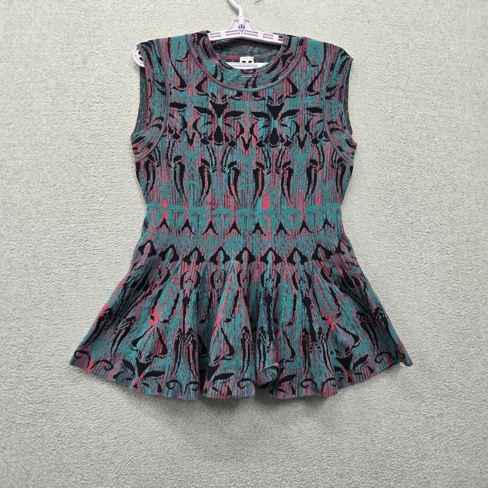 M Missoni Women Top 44 Blue Pink Geometric Tank Peplum Knit Sleeveless Pullover